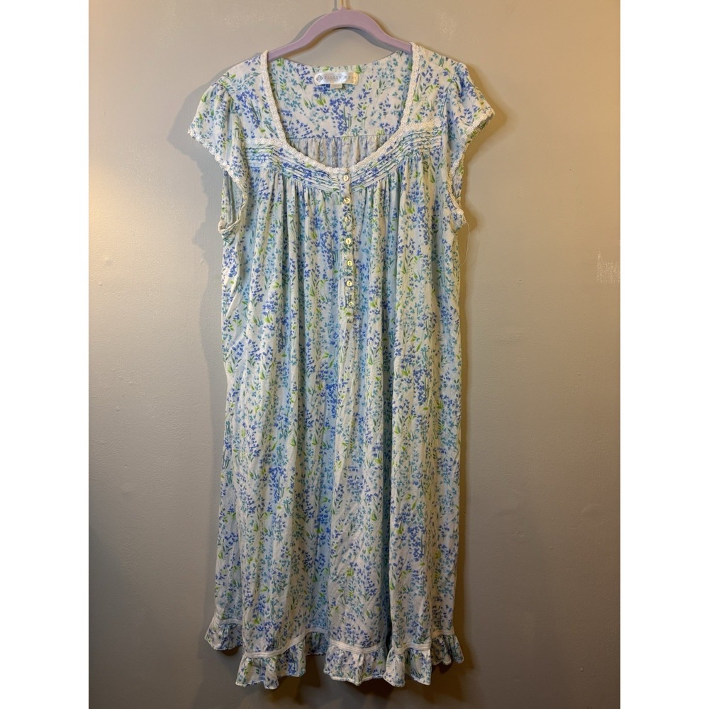 EILEEN FISHER Blue Floral Cotton Knit Short Nightgown L Cottage
